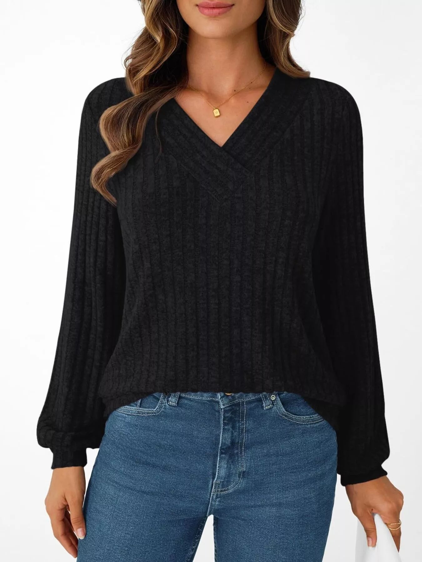 Ribbed Knit V-Neck Long Sleeve T-Shirt