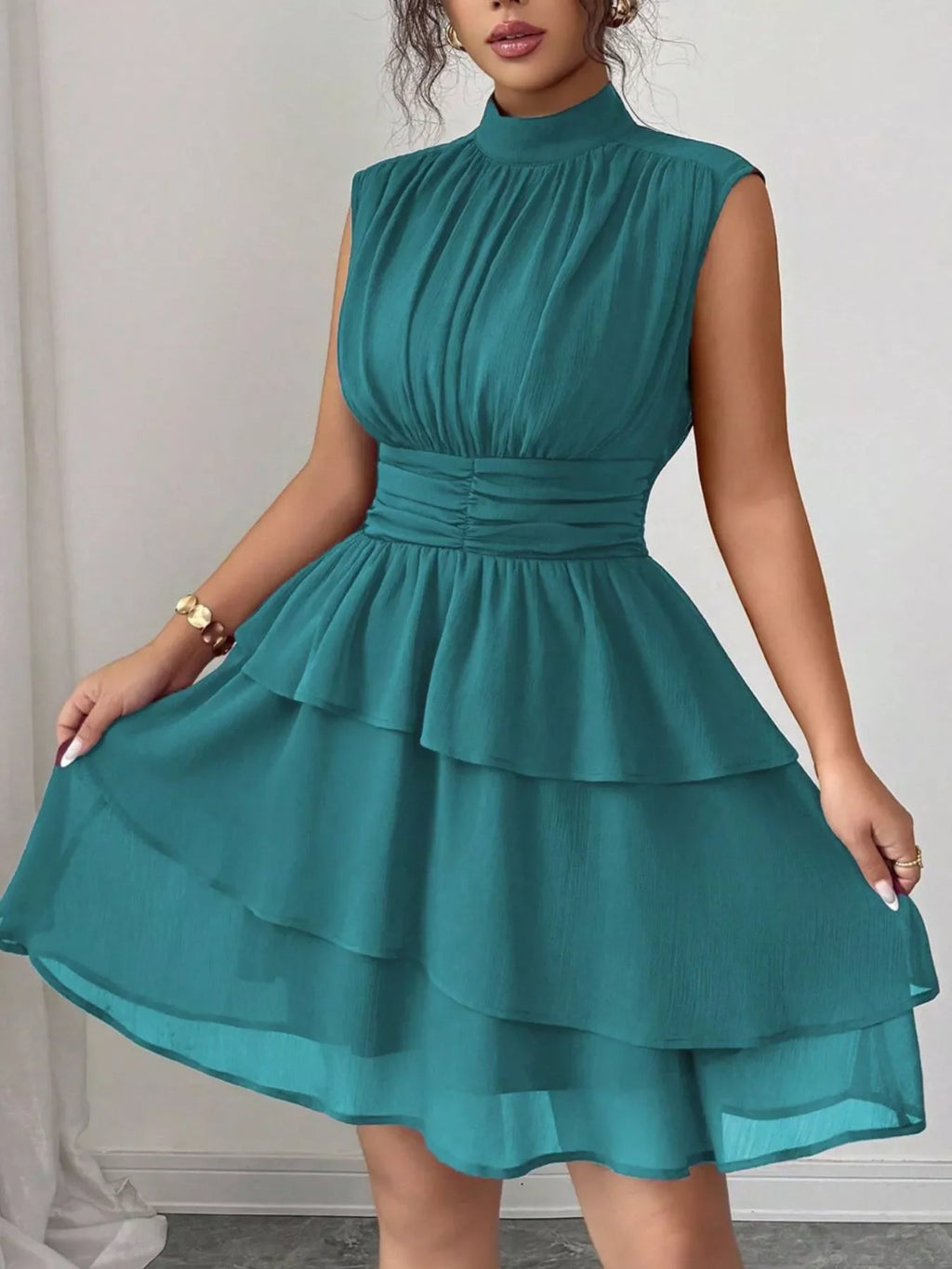 Sleeveless Mock Neck Layered Ruffle Dress