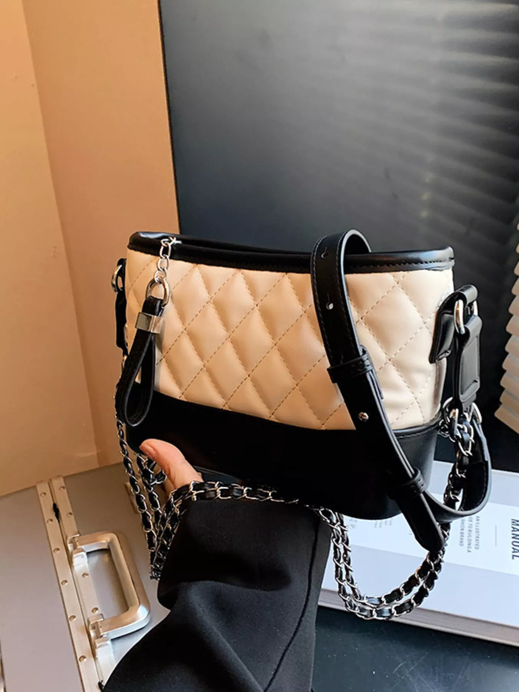 Quilted Bucket Crossbody Bag with Chain Strap