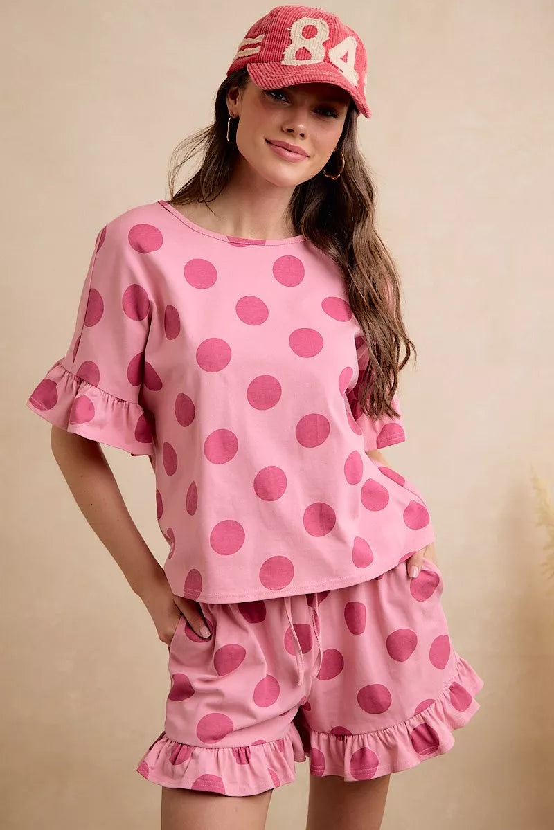 BiBi Polka Dots Printed Ruffled Detail Top And Shorts Set