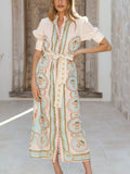 Printed Puff Sleeve Tie Waist Midi Dress