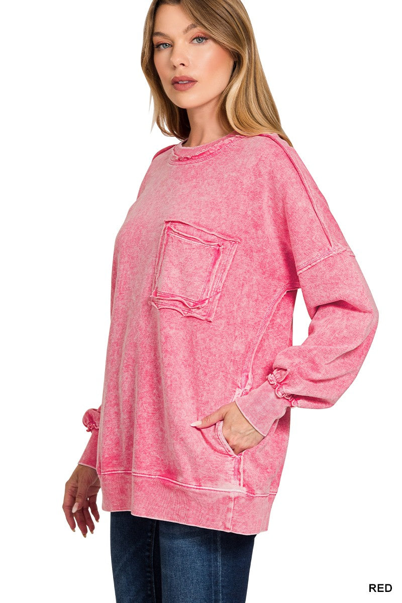 Zenana Halo Washed French Terry Exposed-seam Sweatshirt