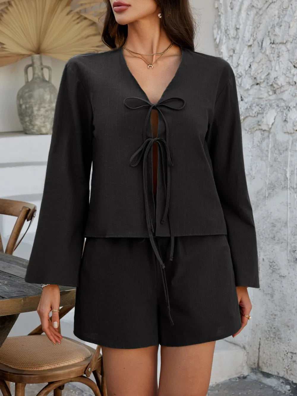 Devine Double Tied V-Neck Top and Shorts Set