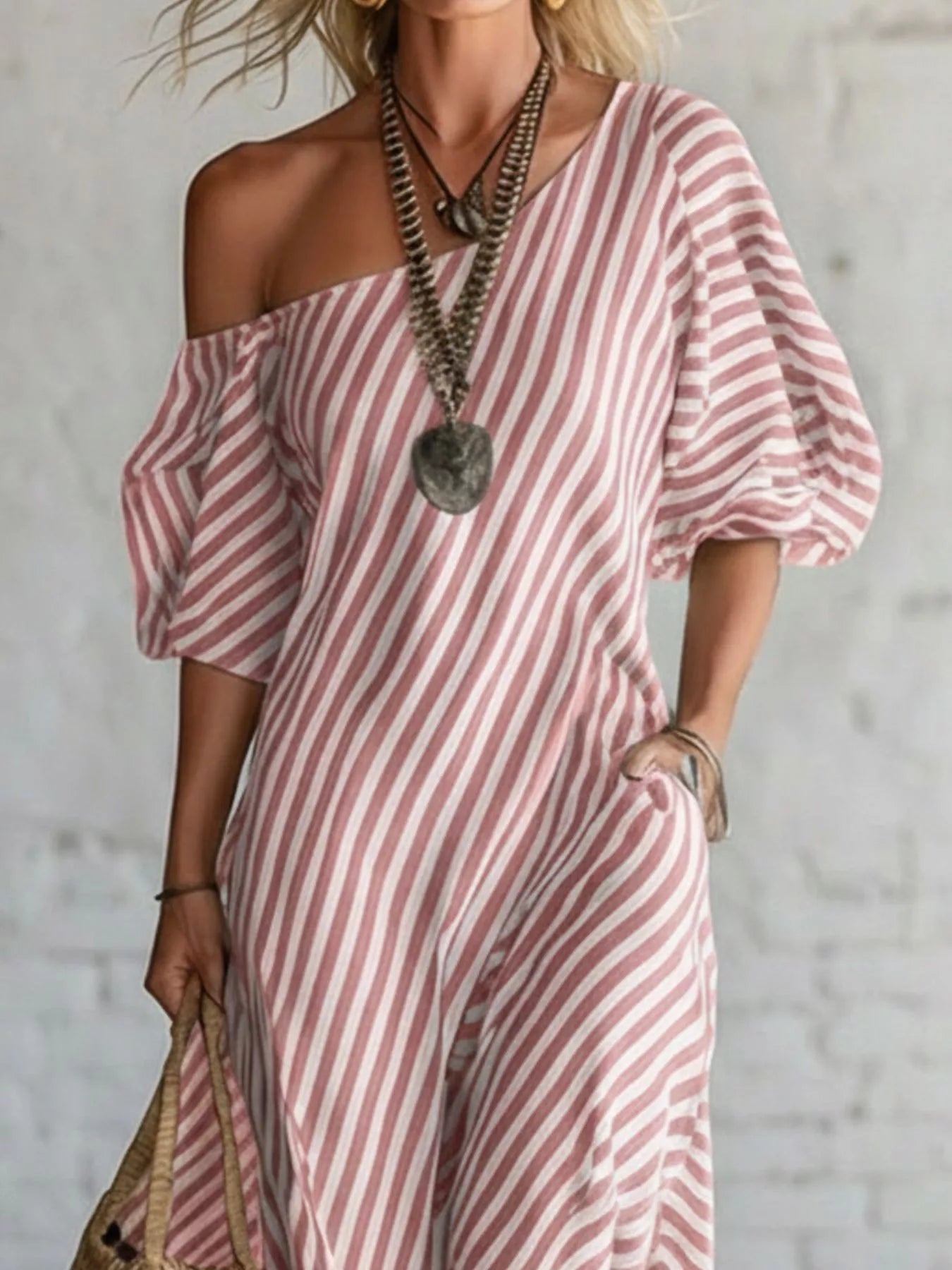 Full Size Striped One-Shoulder Casual Maxi Dress Plus Size