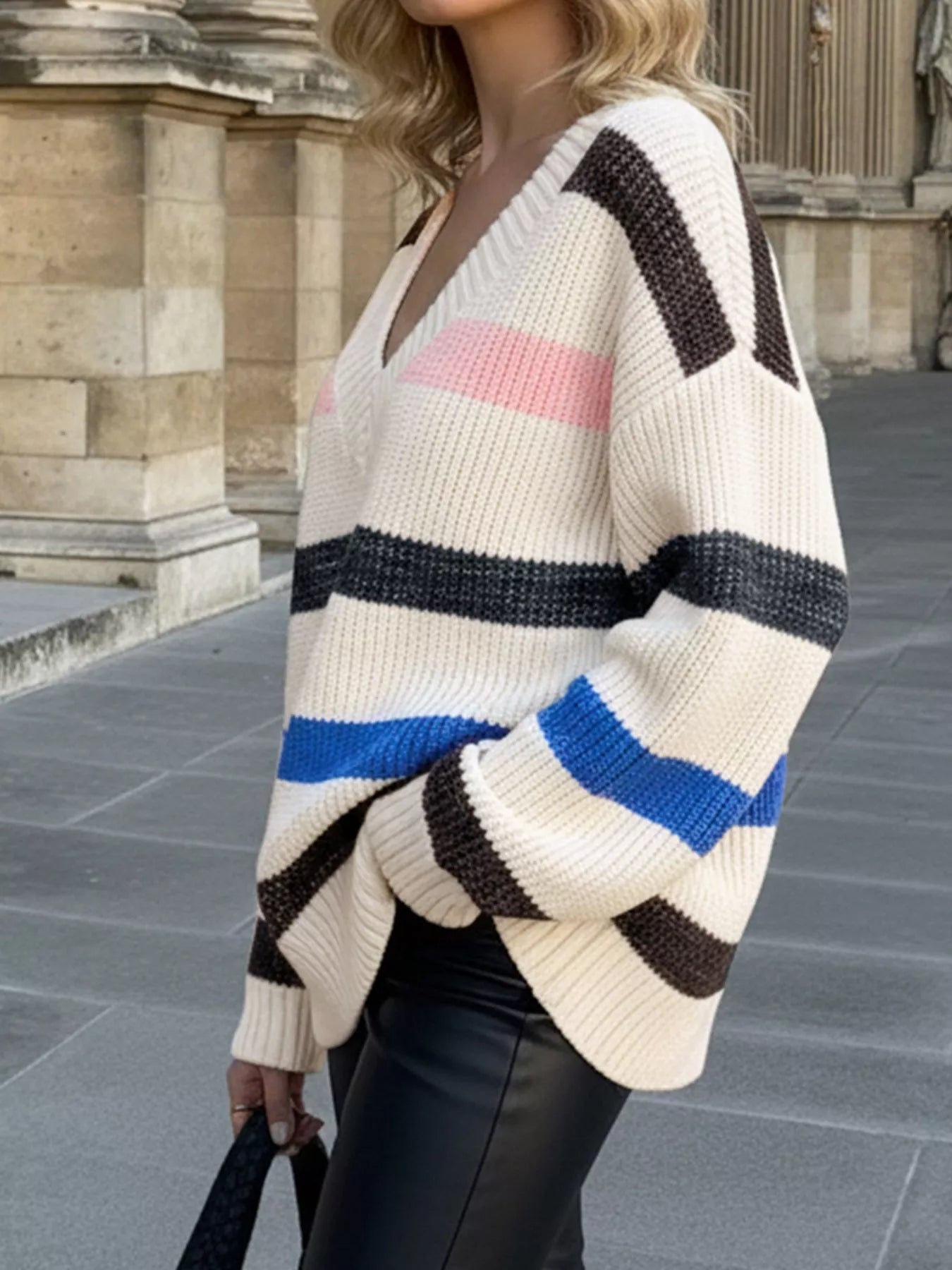 Striped V-Neck Oversized Sweater