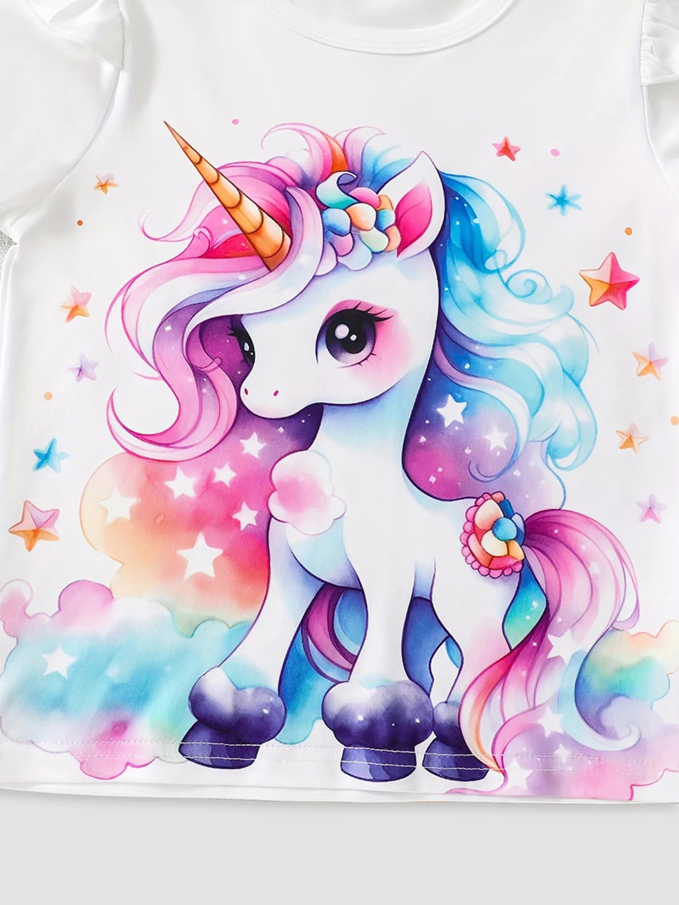 Children's Unicorn Print Ruffle Sleeve Top and Shorts Set