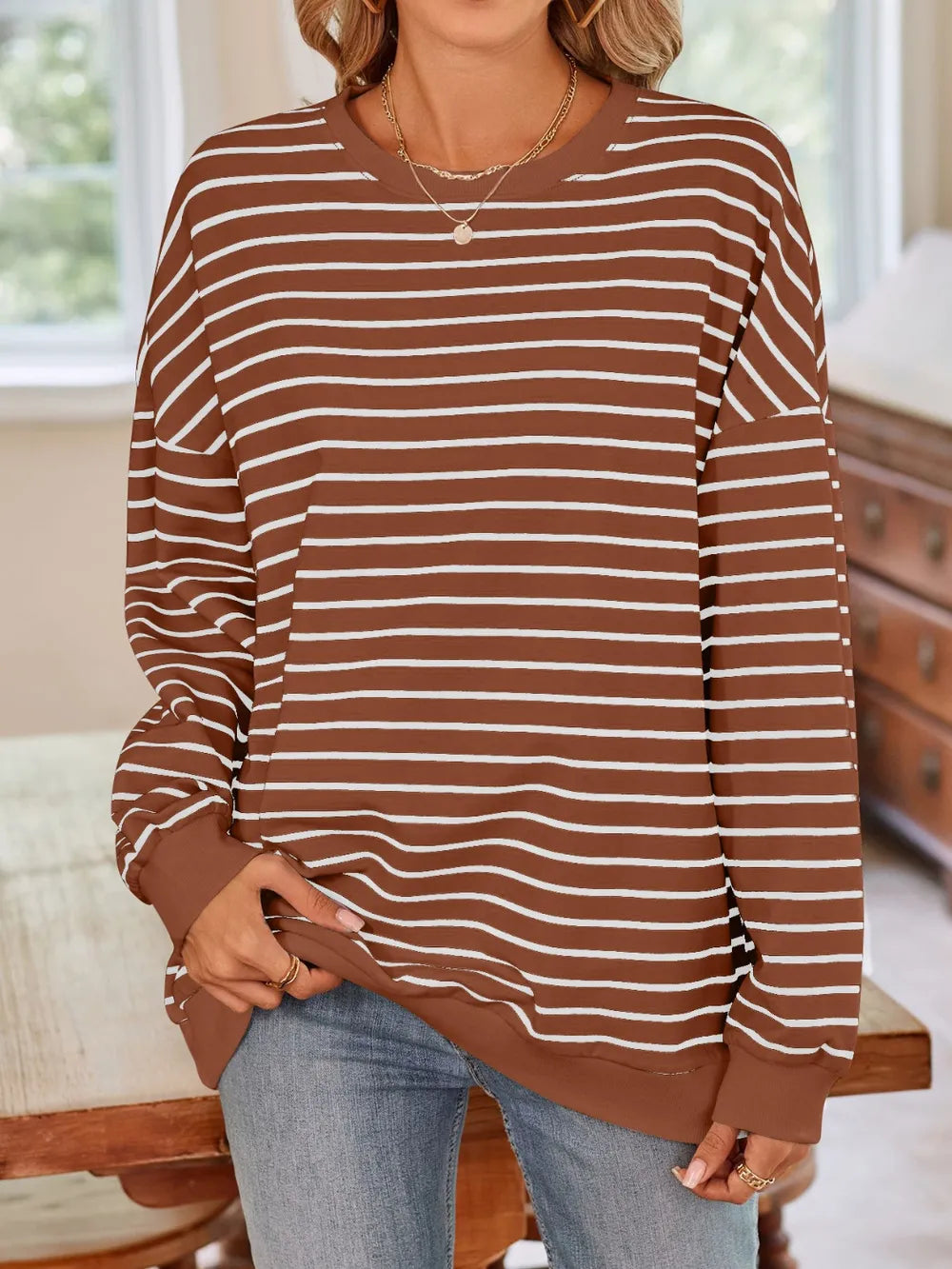 Lovelet Striped Round Neck Long Sleeve Sweatshirt