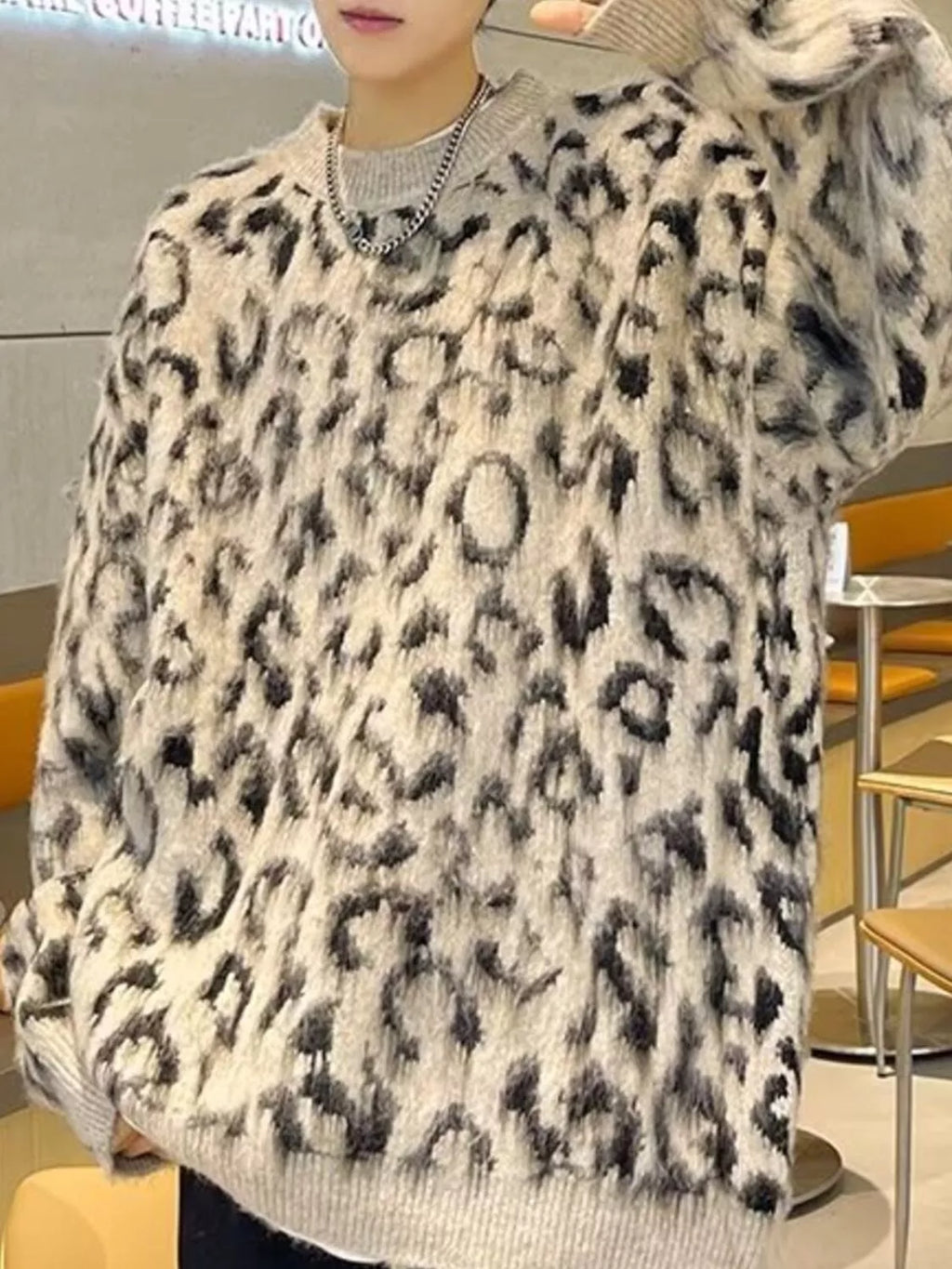 Men's Leopard Print Fuzzy Knit Pullover