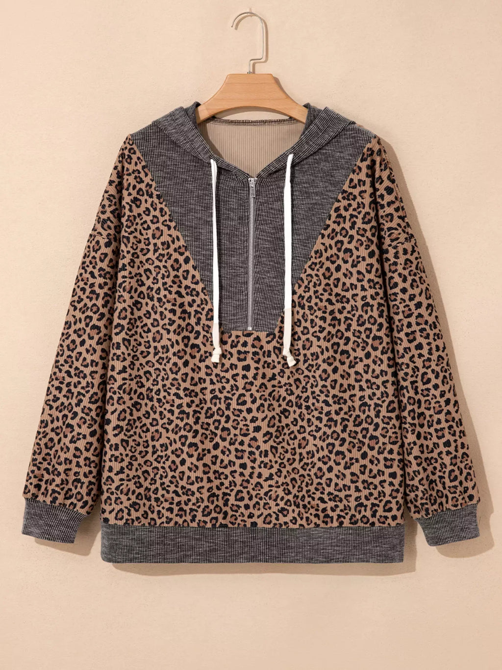Ribbed Leopard Print Contrast Collar Zip Hoodie