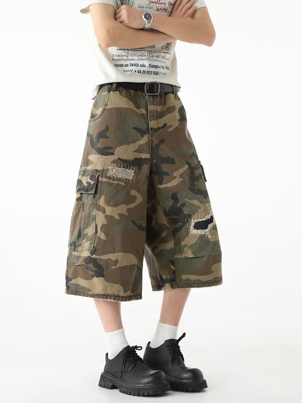 Men's Full Size Distressed Camouflage Denim Shorts Plus Size