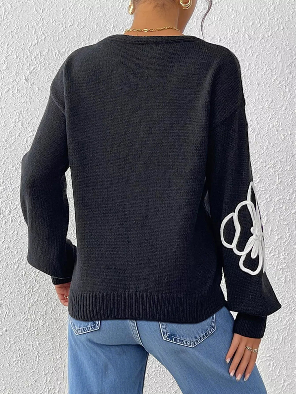 Flower V-Neck Long Sleeve Sweater