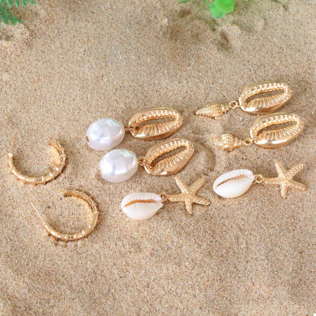 4 Pair 18K Gold-Plated Shell Minimalist Earrings