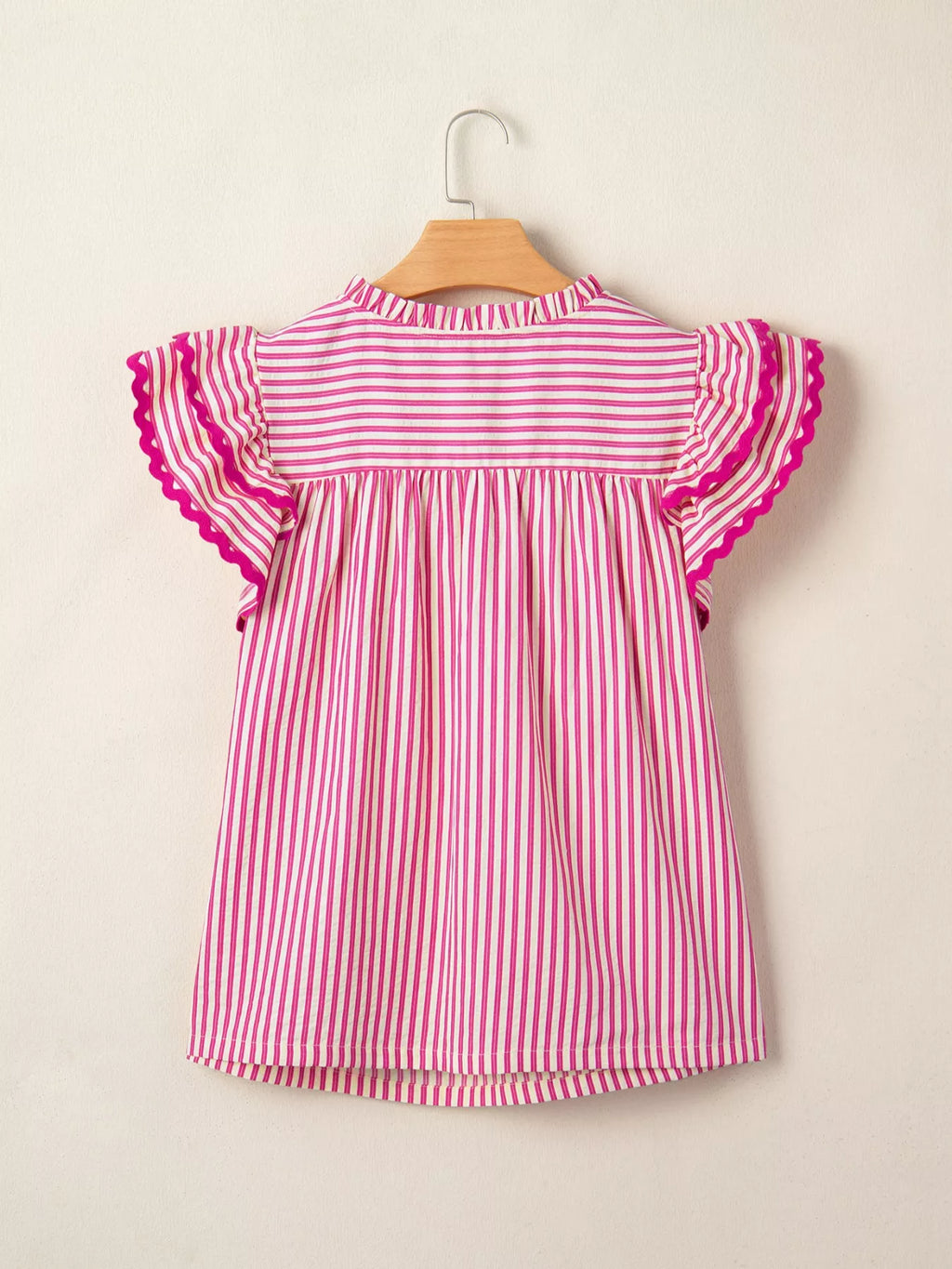 Stripe Shirred Yoke Ruffled Short Sleeve Blouse