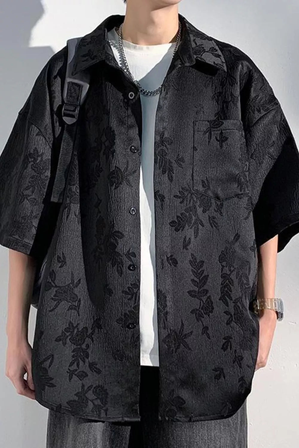 Men's Plus Size Floral Jacquard Short Sleeve Shirt