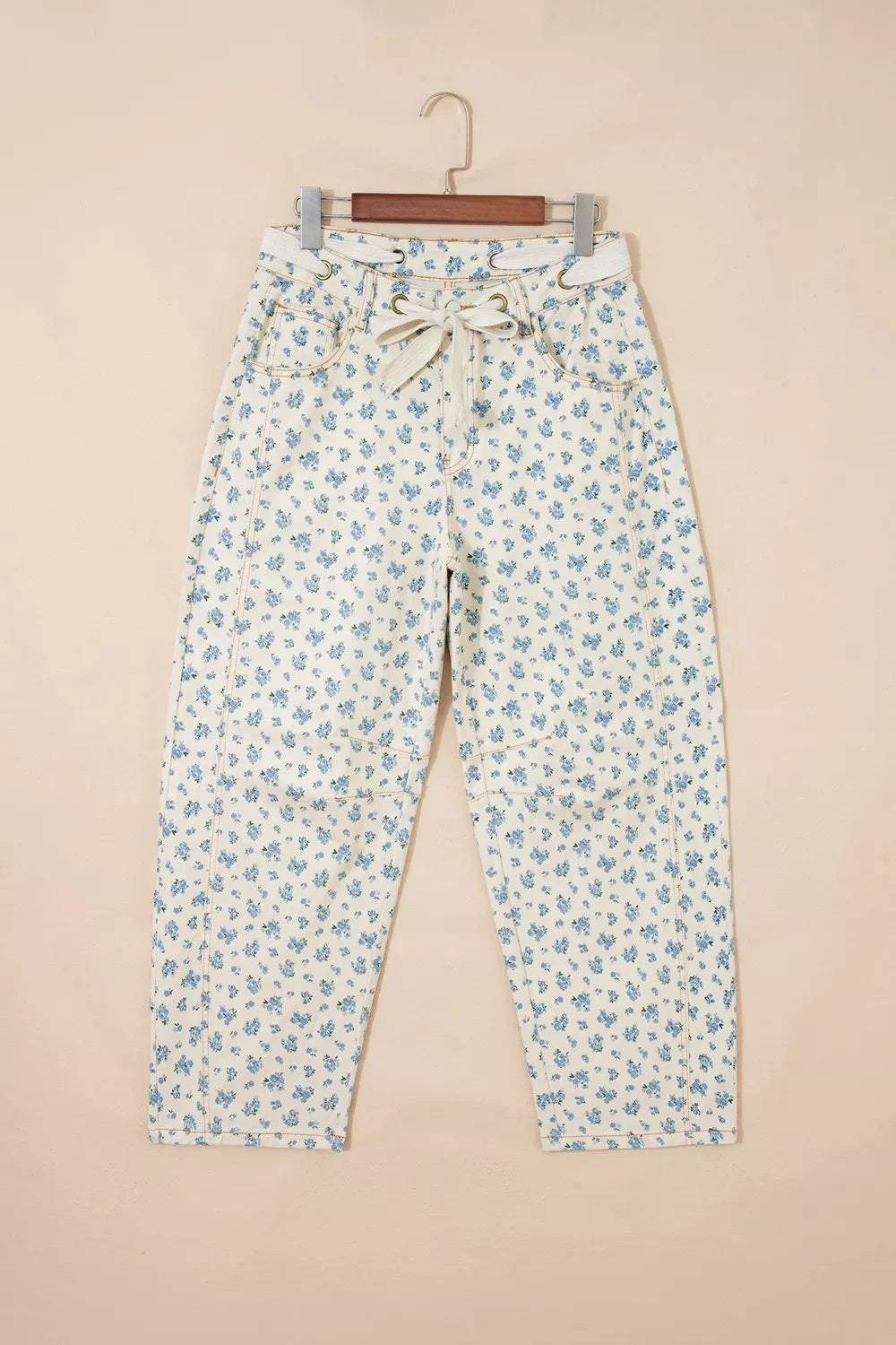 Grommet Knot Waist Floral Barrel Leg Jeans