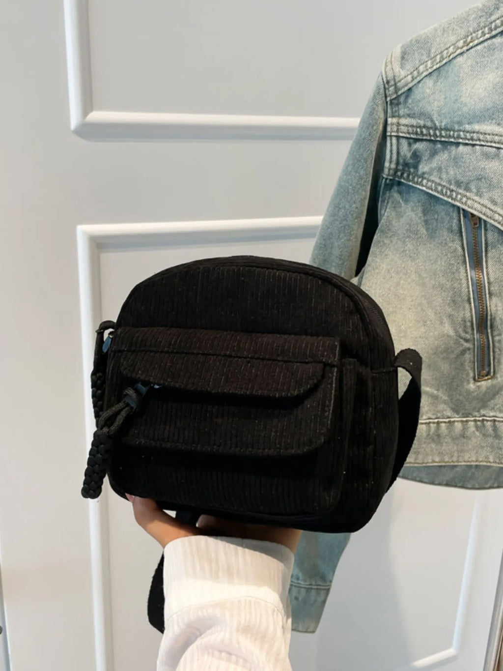 Corduroy Crossbody Bag with Adjustable Strap