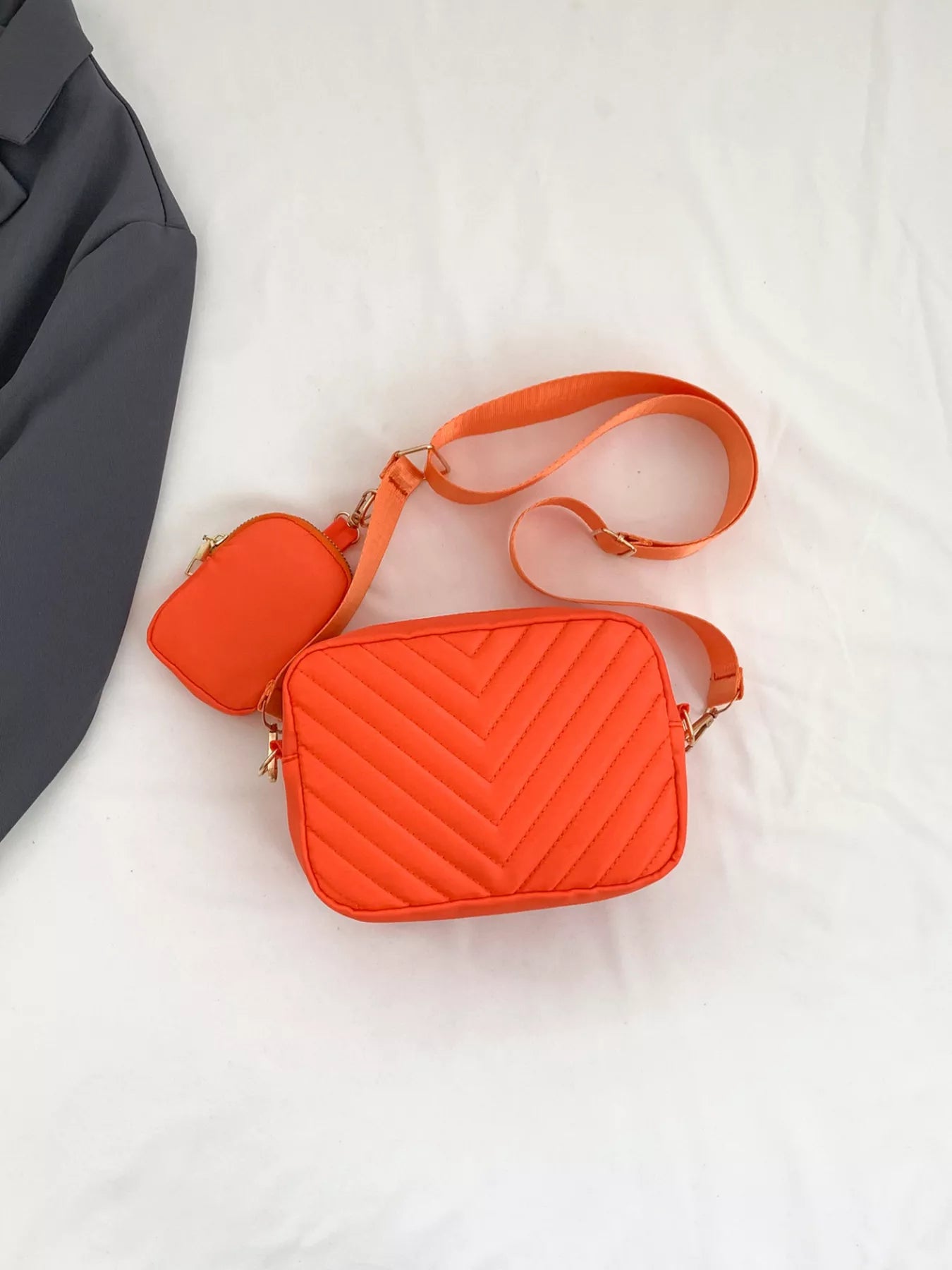 Chevron Quilted Crossbody Bag with Mini Pouch