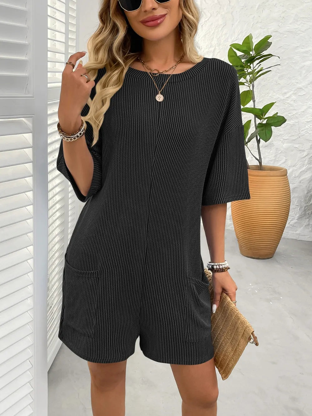 Backless Textured Round Neck Half Sleeve Romper