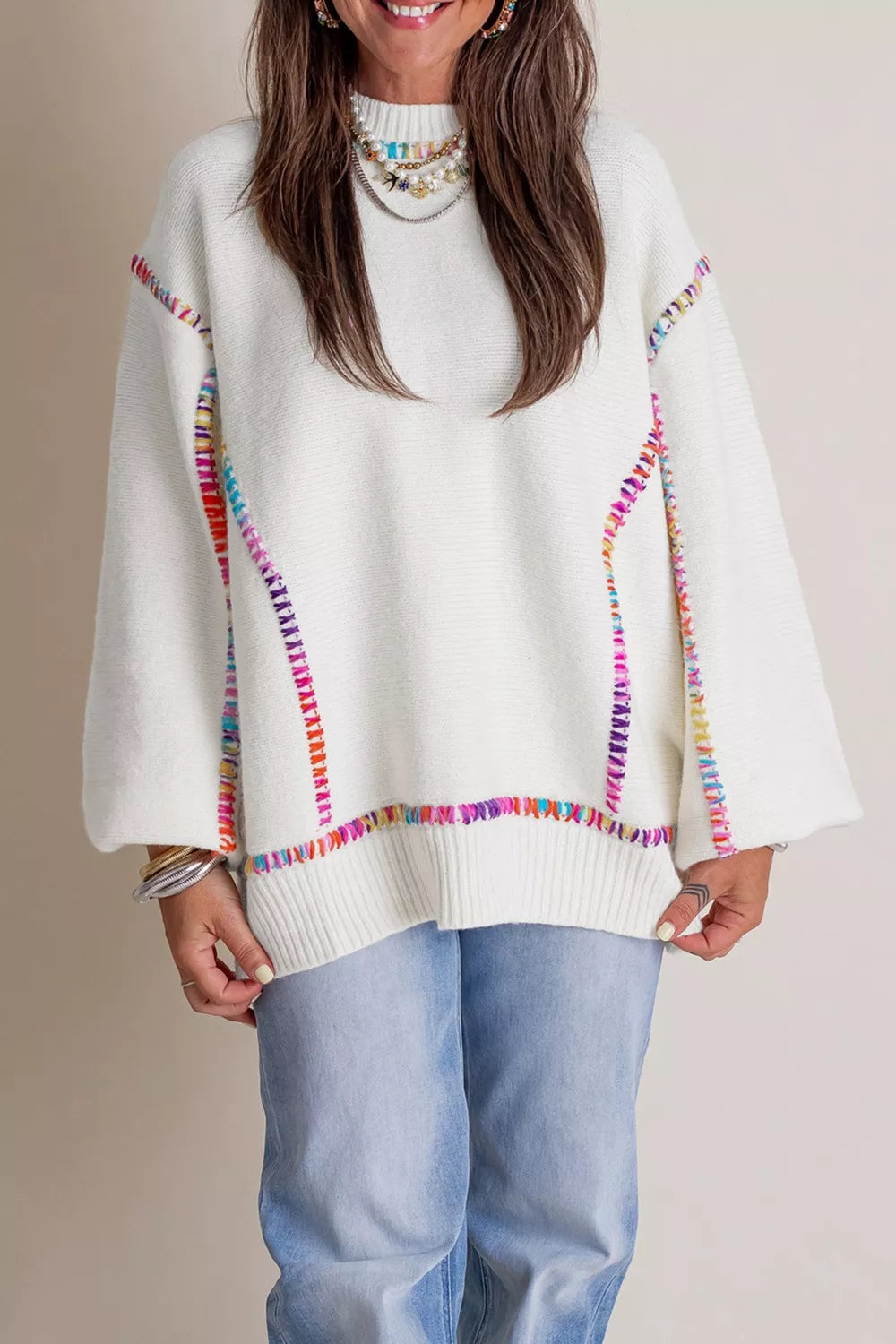 Rainbow Stitching Long Sleeve Relaxed Sweater