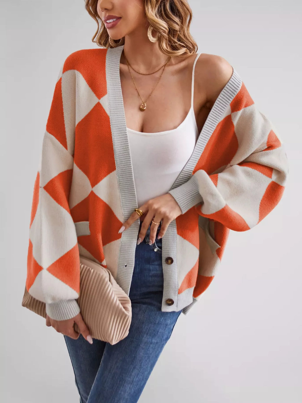 Diamond Pattern Button-Up Knit Cardigan