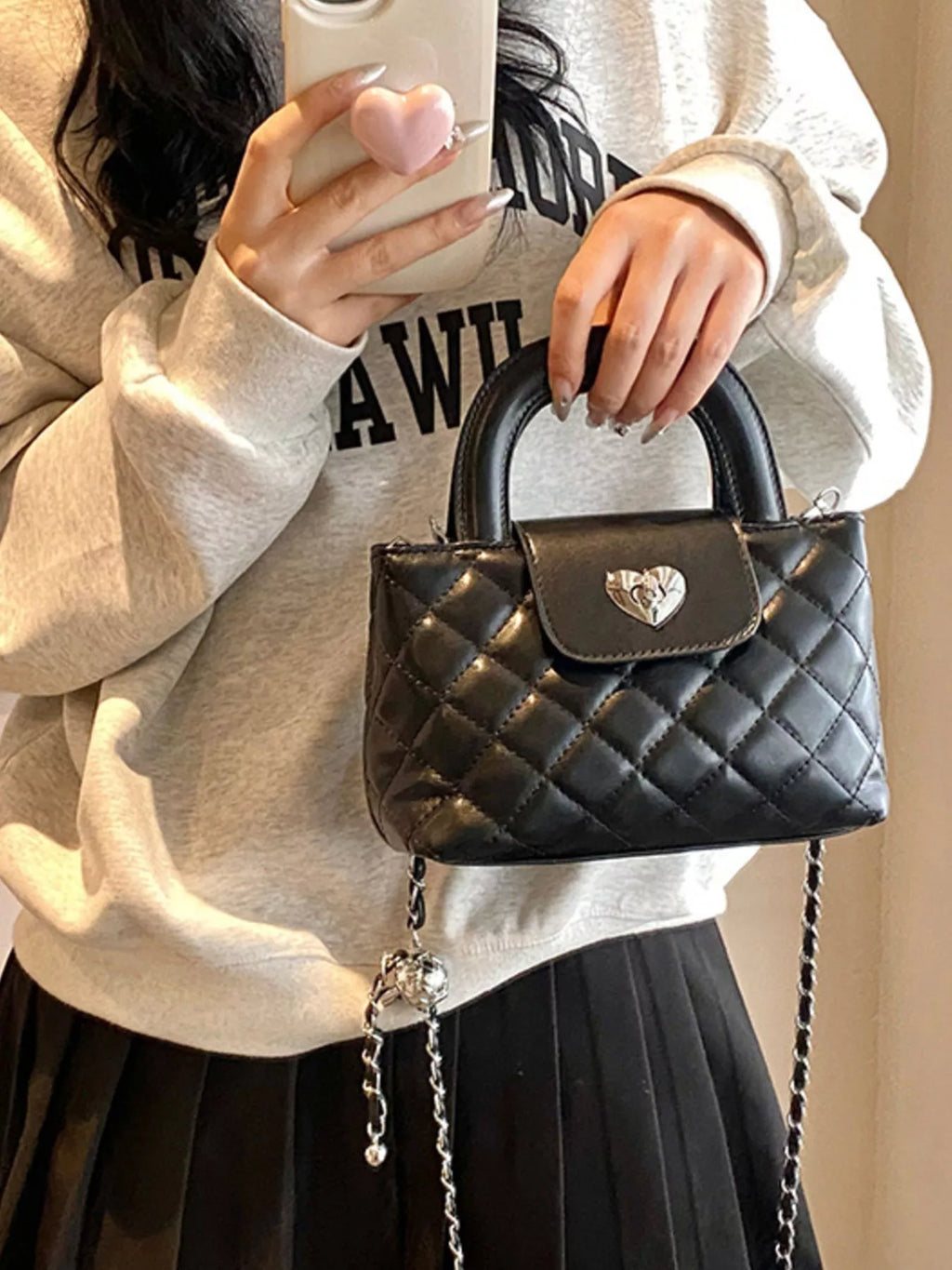 Quilted Heart Lock Crossbody Bag