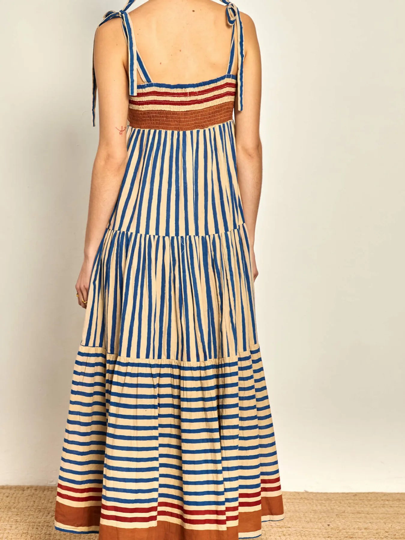 Striped Tie-Shoulder Tiered Maxi Dress