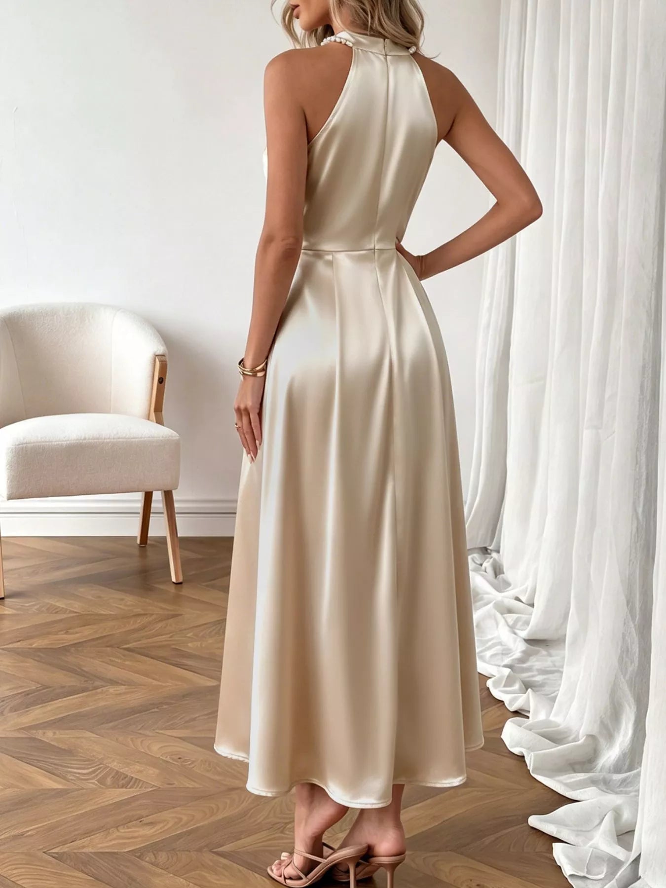 Pearl Halter Satin Midi Dress