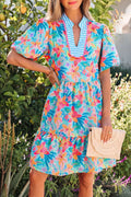 Floral Print Contrast Scallop Striped Trim V Neck Dress