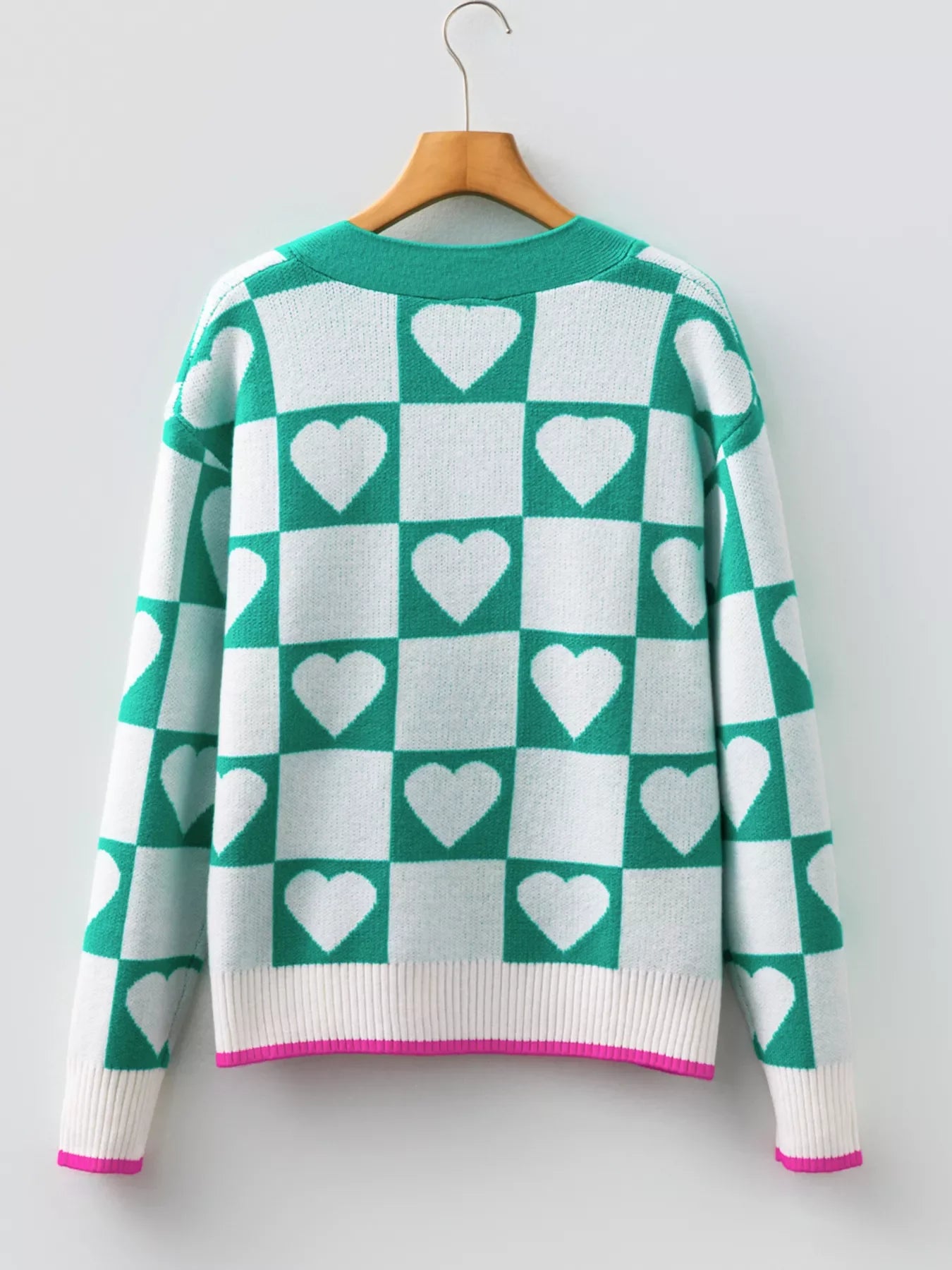 Plaid Heart Knit V Neck Button Down Sweater Cardigan
