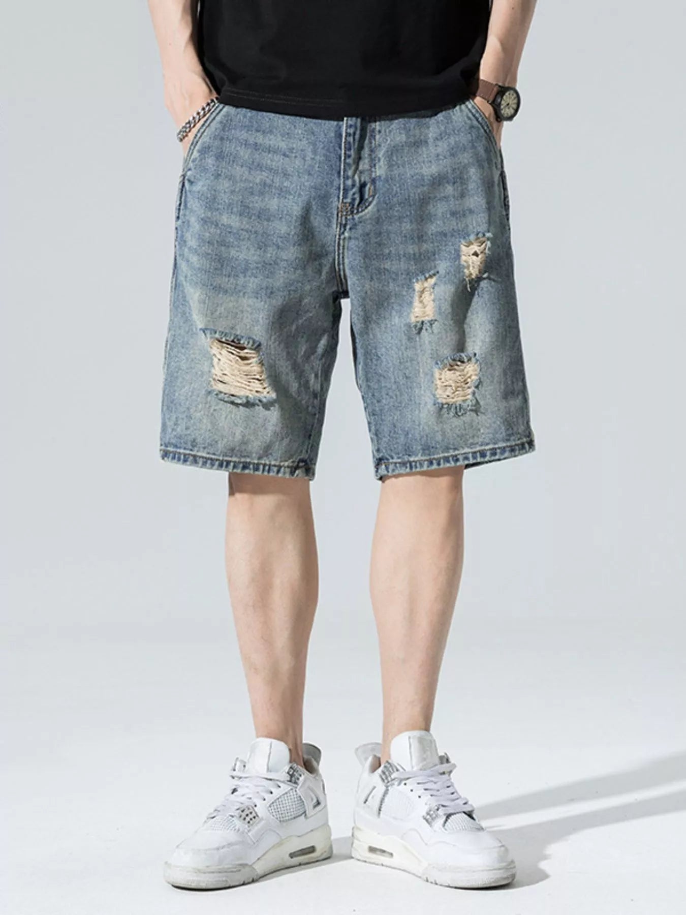 Men's Distressed Wide Leg Denim Shorts