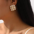 Pearl Grid Square Stud Earrings