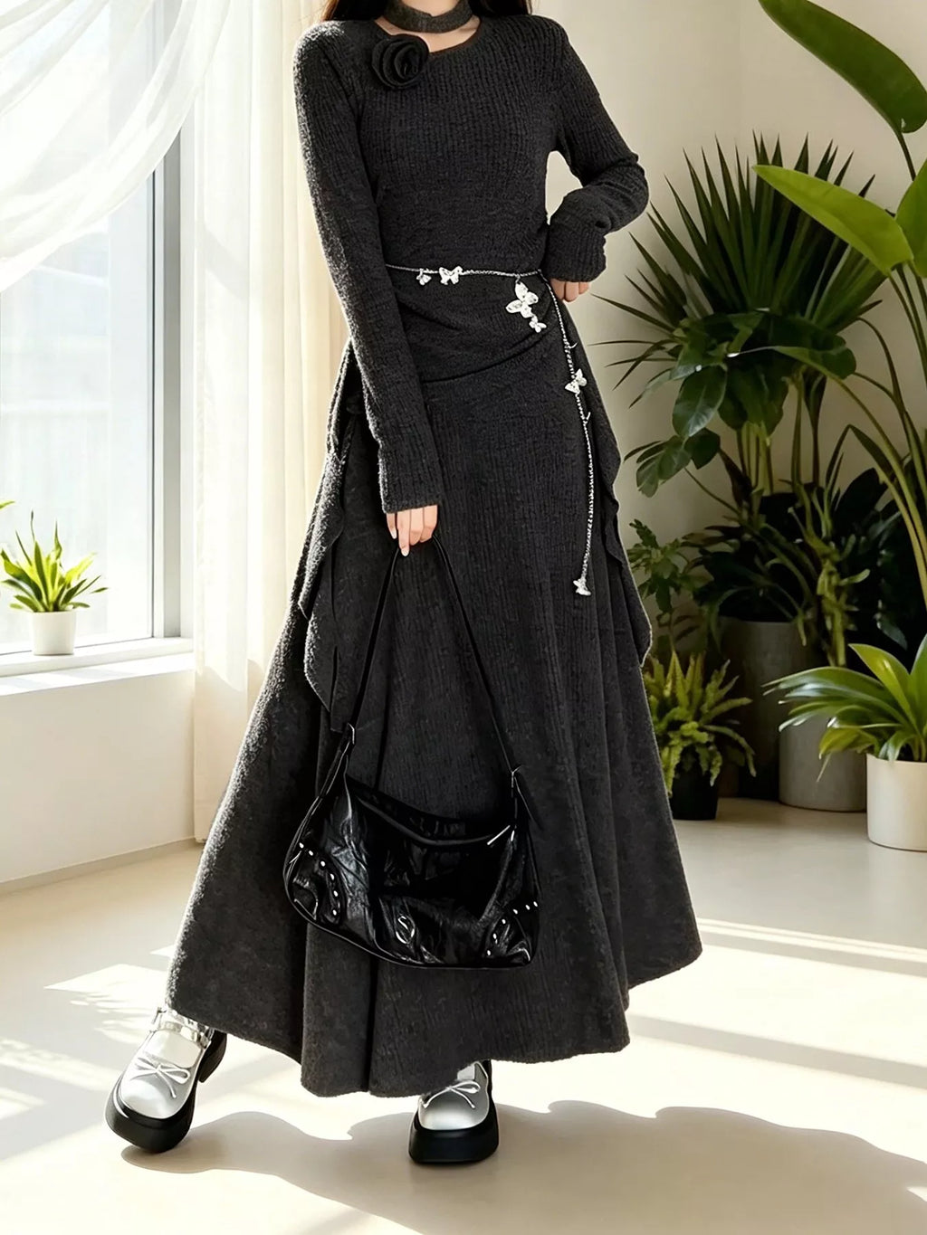 Ribbed Knit Long Sleeve Top and Skirt Set