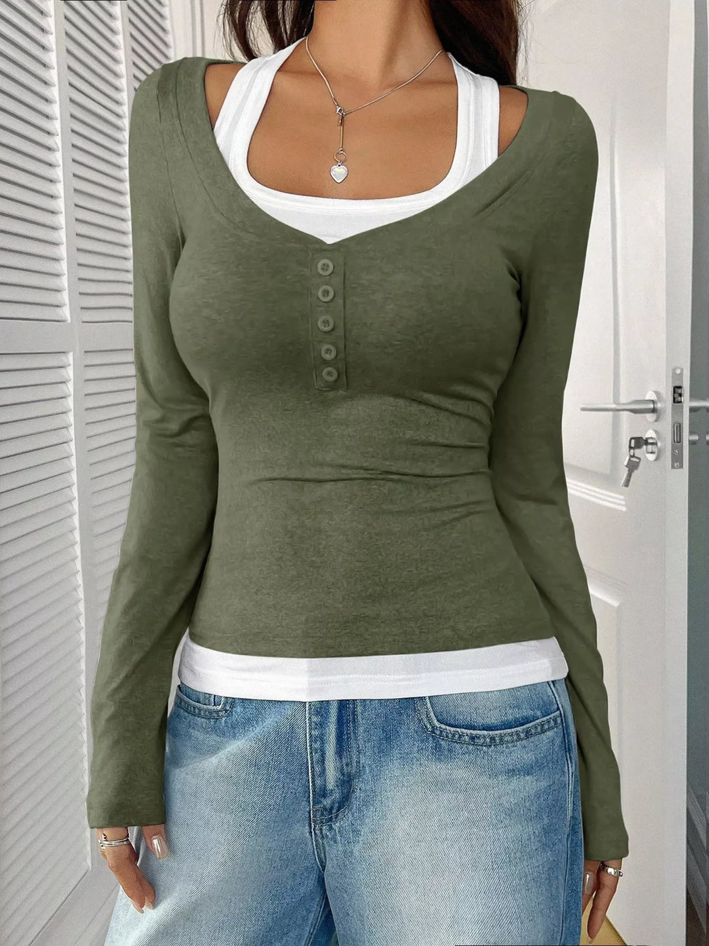 Scoop Neck Long Sleeve Fake Two-Piece T-Shirt
