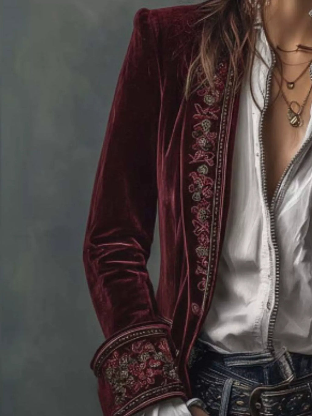 Embroidered Velvet Long Sleeve Outerwear