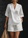 Notched Half Sleeve Top and Shorts Set