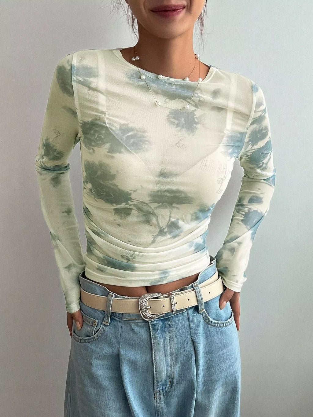 Floral Print Sheer Mesh Long Sleeve T-Shirt