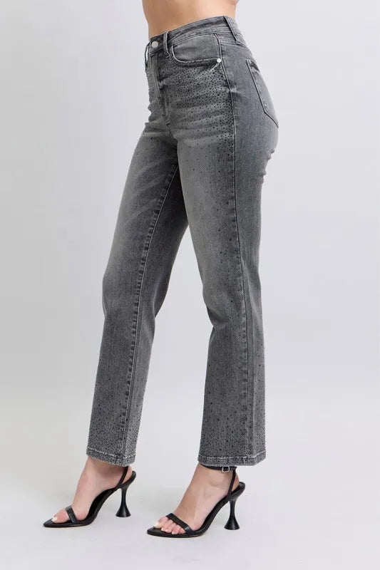 Judy Blue Full Size High Waist Rhinestone Straight Jeans Plus Size