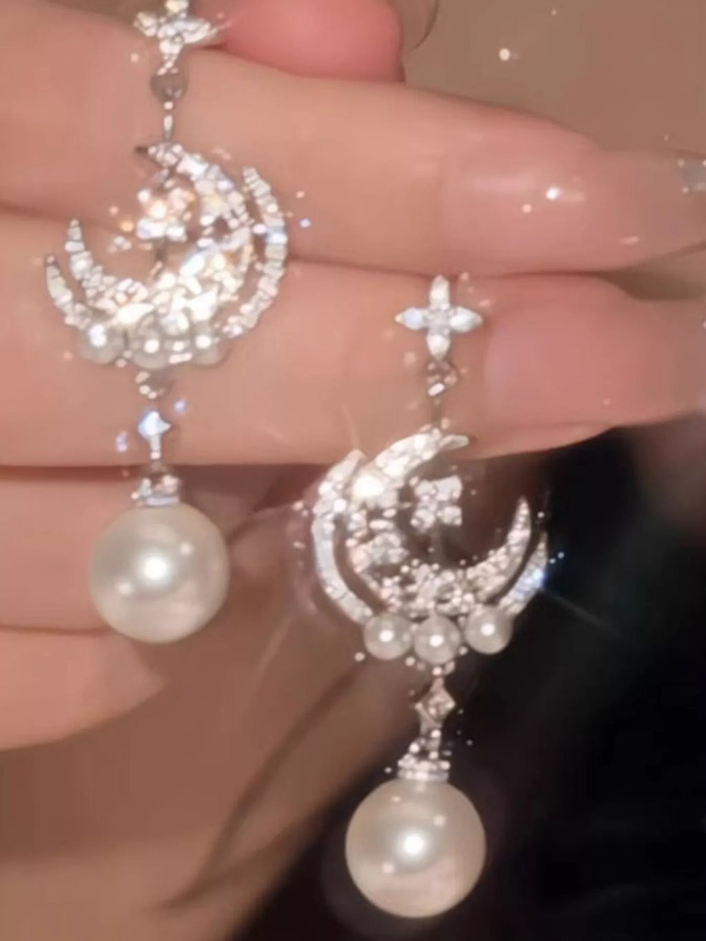 Moon & Star Pearl Dangle Earrings