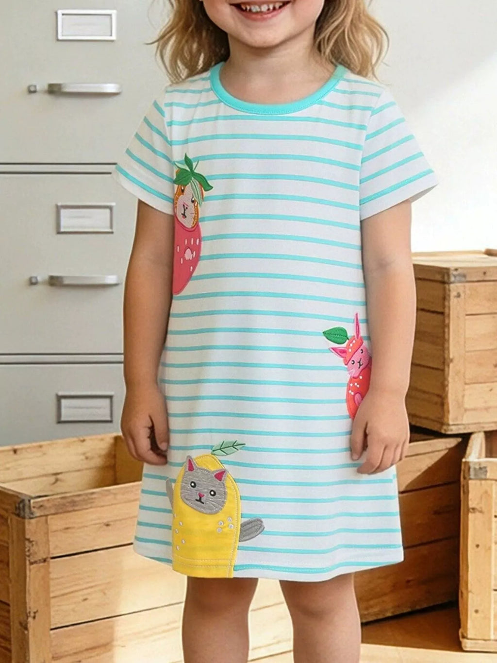 Children's Animal Embroidered Striped Casual Dress