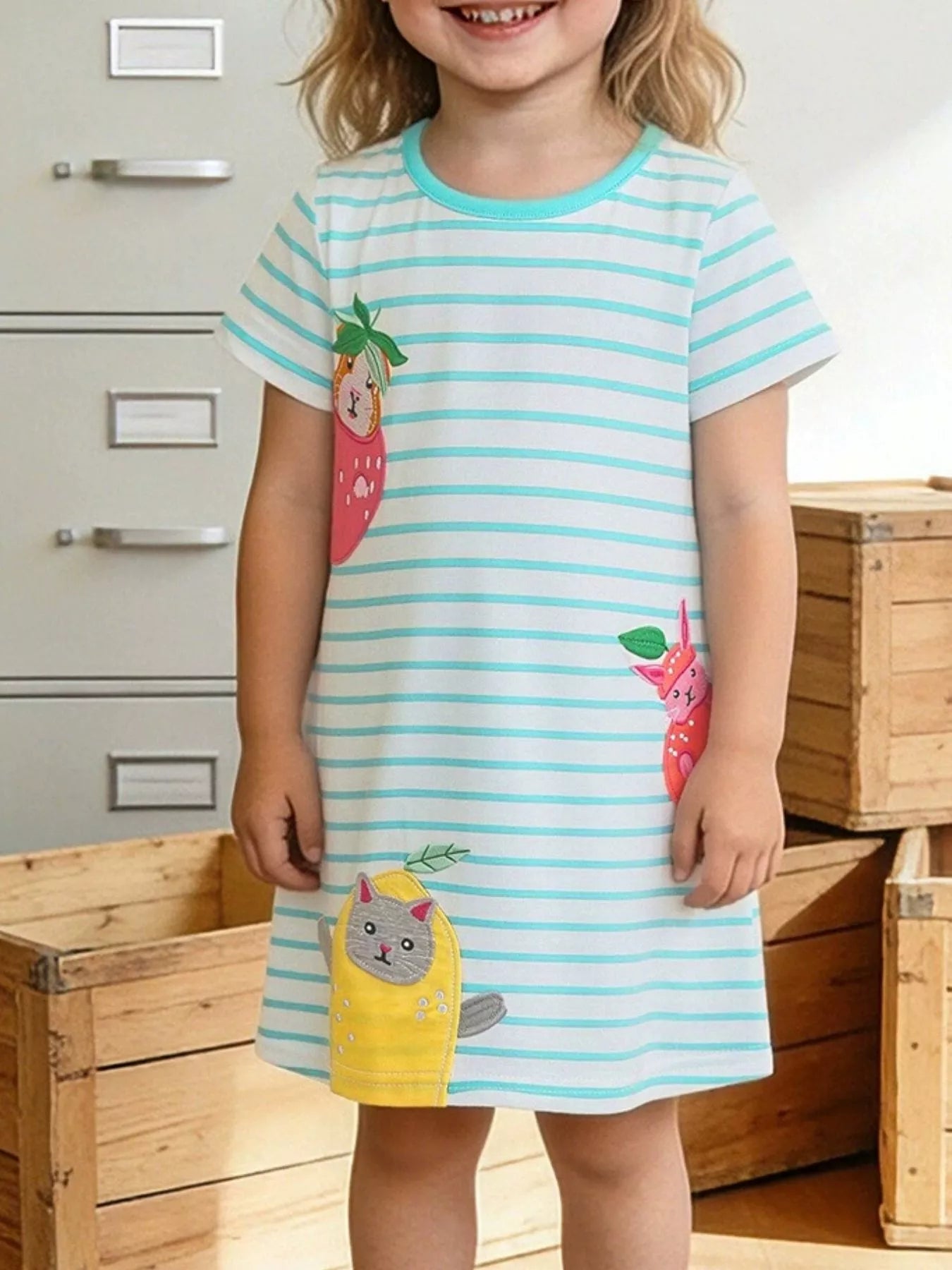 Children's Animal Embroidered Striped Casual Dress