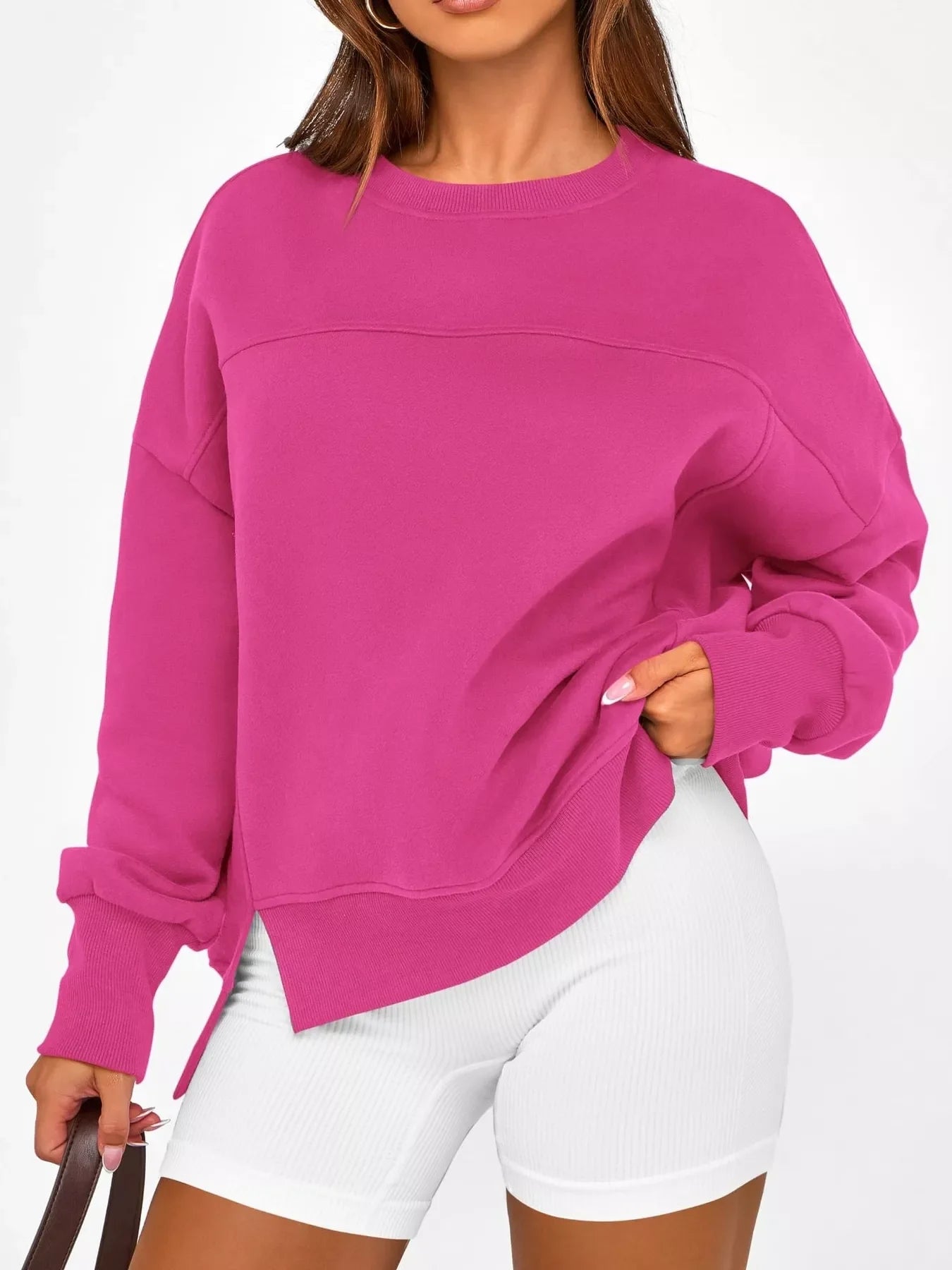 Slit Round Neck Dropped Shoulder Sweatshirt