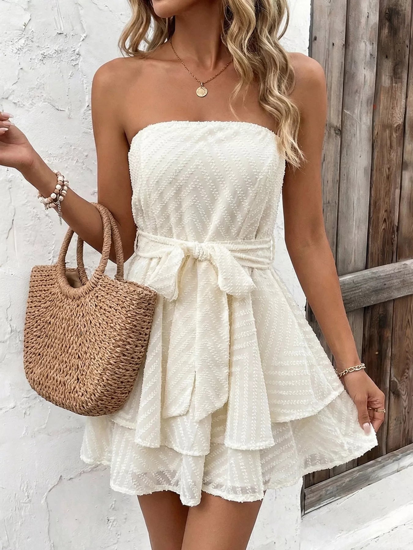 Ruffle Textured Tube Mini Dress