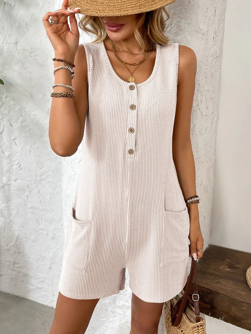 Pocketed Round Neck Sleeveless Romper