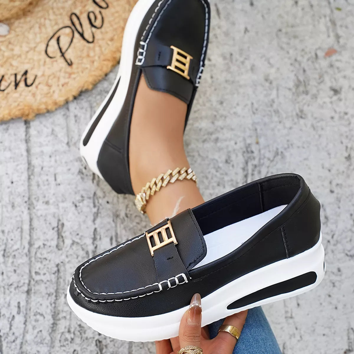 Metal Buckle Round Toe Slip-Ons