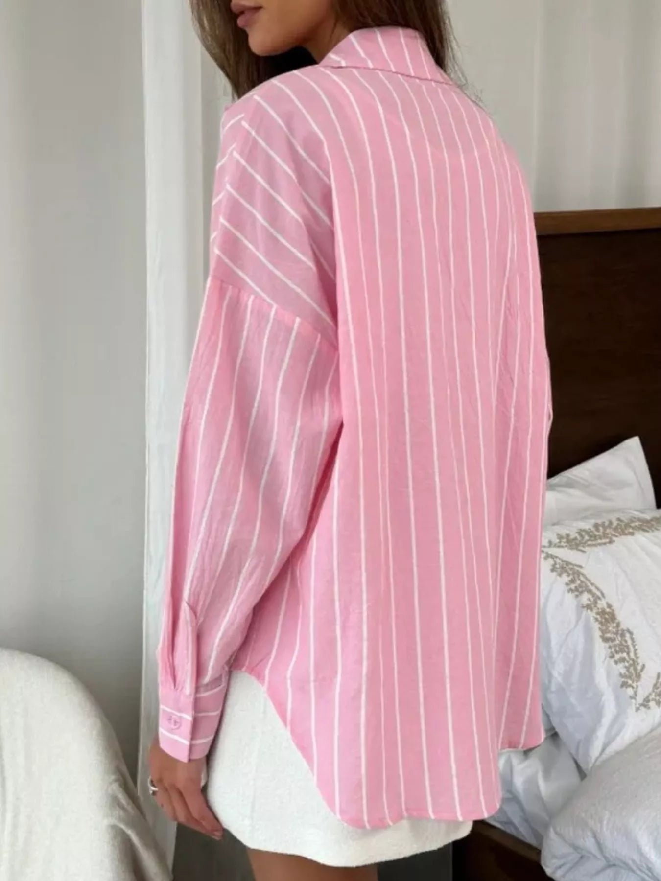 Button Down Striped Collared Neck Long Sleeve Shirt