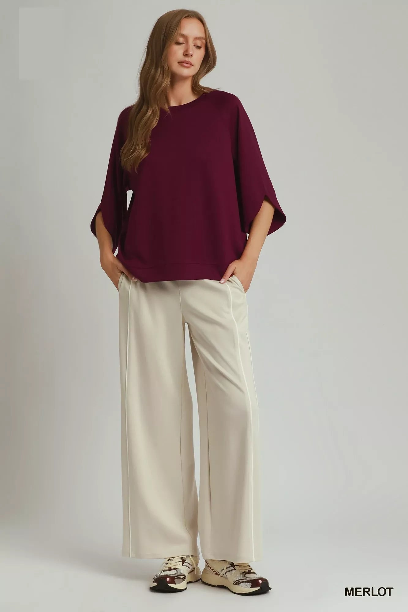 Umgee Round Hem Raglan Sleeve Top
