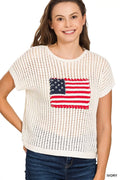 Zenana Viscose American Flag Openwork Knit Top