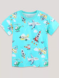 Children's Airplane & Rocket Print Crew Neck Short Sleeve T-Shirt