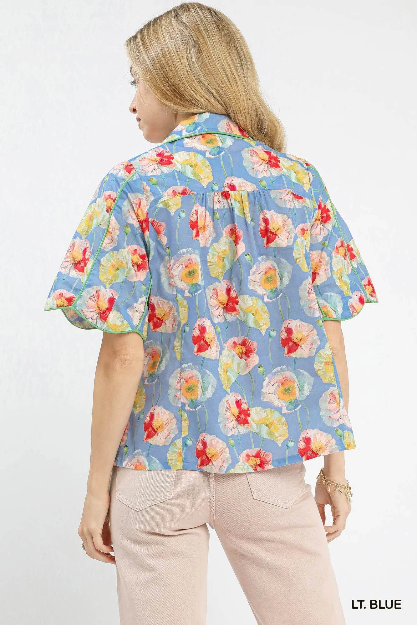 Umgee Floral Print Button-Down Blouse with Flutter Sleeves