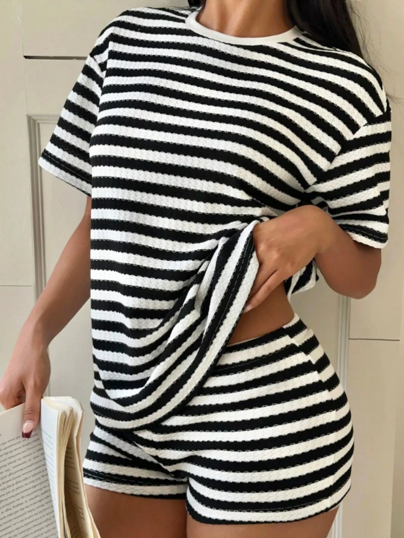 Striped Round Neck Top and Shorts Set